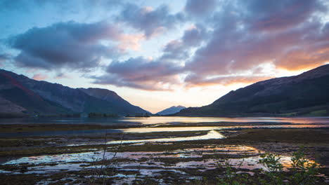 Loch-Leven-Evening-to-Dusk-Timelapse,-extended,-Invercoe,-Glencoe,-Scotland,-Scottish-Highlands