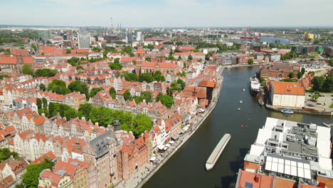 Amazing-cityscape-of-Gdansk-Old-Town-over-Motlawa-river-at-daytime-in-summer,-Poland---aerial-panorama