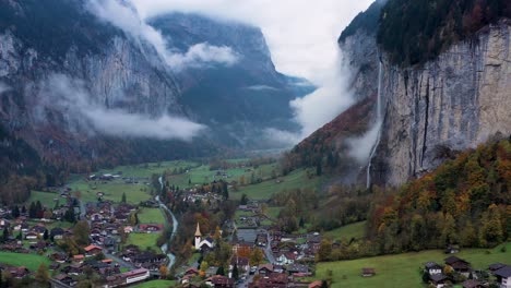 Aerial-footage-of-lauterbrunnen-town-located-in-the-Swiss-mountains