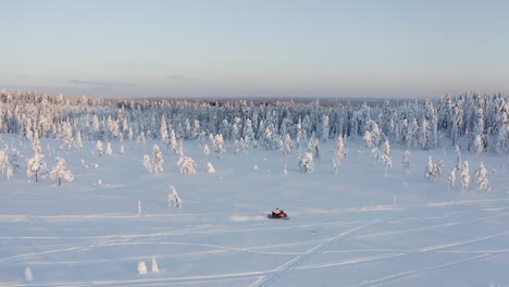 Drone-shot-of-a-snowmobile-on-a-track-in-the-deep-woods-during-a-cold-winter-in-Sweden