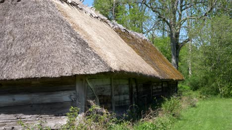 Close-Up-Of-A-Traditional-Barn-House-With-Thatched-Roof-At-Countryside-In-Halland,-Sweden