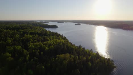 Aerial-view-over-spring-color-forest,-in-the-archipelago-of-Sweden---tilt,-drone-shot