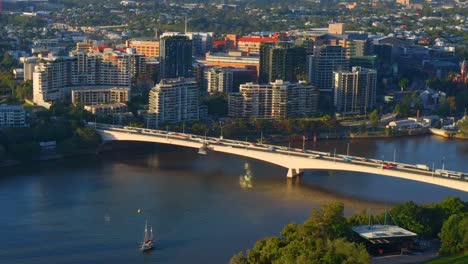 Aerial-view-of-Entire-Captain-Cook-Bridge-with-Busy-Morning-Traffic-in-Brisbane-City,-Australia