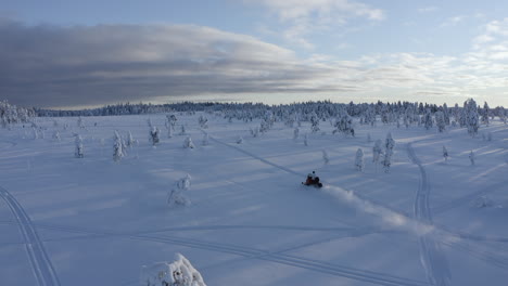 Drohnen-Luftaufnahme,-Die-Einem-Schneemobilfahrer-Auf-Einer-Strecke-Mit-Geschwindigkeit-In-Der-Natur-Schwedens-Folgt