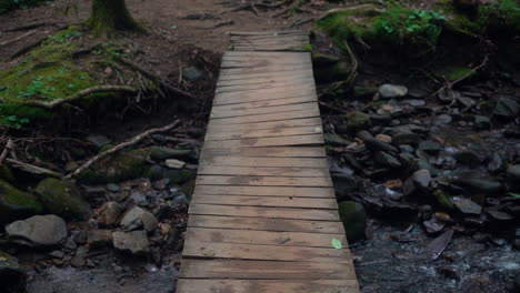 A-handmade-wooden-bridge-over-a-mountain-creek-in-an-idyllic-and-picturesque-forest