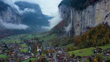 Aerial-of-lauterbrunnen-town-located-in-the-Swiss-mountains