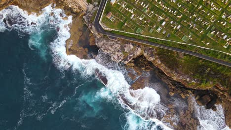 Top-View-Of-The-Waverly-Cemetery-At-The-Rocky-Waterfront-Of-Bronte-Beach-In-Australia