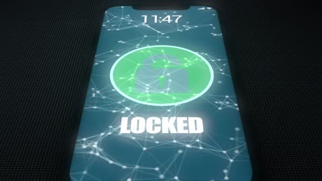 High-quality-animated-3D-CGI-render-with-tilting-camera-move---extreme-close-up-of-mobile-phone-being-unlocked-and-hacked,-with-digital-and-binary-code-flowing-out-and-a-skull-and-crossbones-motif