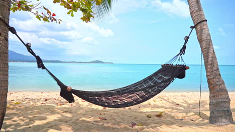 Empty-Cotton-Rope-Hammock-hanging-between-Palm-trees-at-dream-island-in-Caribbean