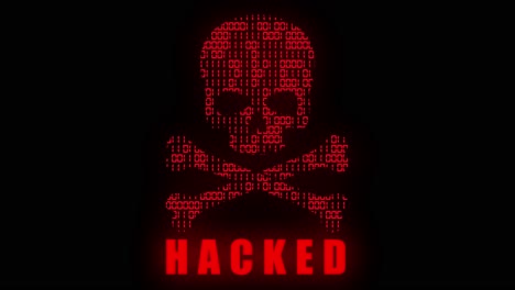 High-tech-motion-graphic,-with-animated-binary-code-theme,-with-red-high-tech-hacker-style-skull-and-crossbones-motif-and-flashing-Hacked-text,-on-a-black-background