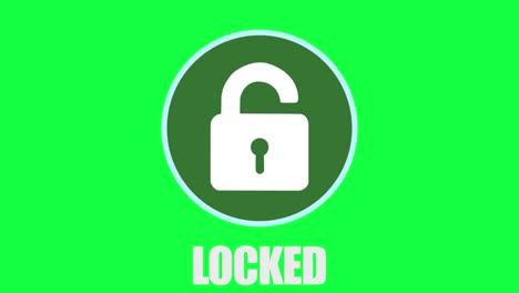 Clever-motion-graphic-element-of-a-circular-system-security-logo-with-padlock,-being-hacked-and-unlocked,-turning-from-red-to-green,-with-locked-unlocked-text,-on-a-green-background-for-chroma-keying