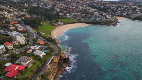 Bird's-Eye-View-Of-Green-Forest-At-Bronte-Park-And-Blue-Water-Of-Bronte-Beach-In-Australian-State-Of-New-South-Wales