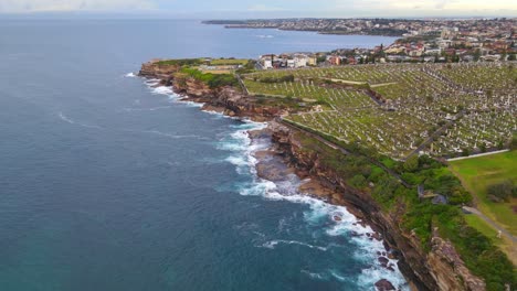 Bird's-Eye-View-Of-Waverly-Cemetery-At-The-Seashore-In-Bronte,-New-South-Wales,-Australia