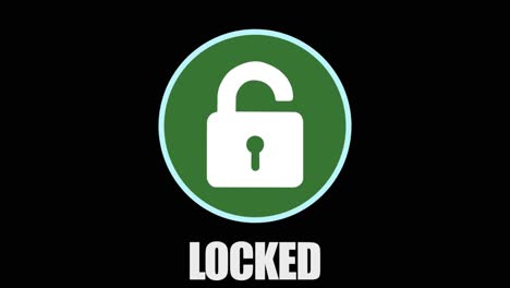 Clever-motion-graphic-element-of-a-circular-system-security-logo-with-padlock,-being-hacked-and-unlocked,-turning-from-red-to-green,-with-locked-unlocked-text,-on-a-black-background