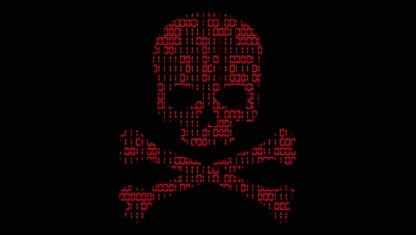 High-tech-motion-graphic,-with-animated-binary-code-theme,-with-red-high-tech-hacker-style-skull-and-crossbones-motif,-on-a-black-background