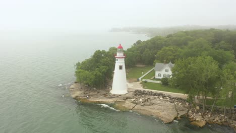 Marblehead-Ohio-Lighthouse-Aerial-4K-Fog