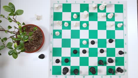 Einsamer-Spieler,-Der-Schach-Auf-Grün-weiß-Kariertem-Schachbrett-Spielt