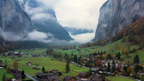 Aerial-footage-during-Autumn-in-Switzerland-from-lauterbrunnen-village-located-in-the-Swiss-mountains