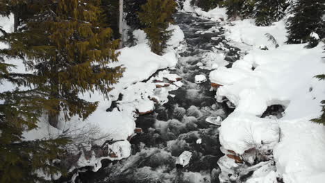 Agua-Corriendo-Hacia-El-Bosque-De-Montaña-Durante-La-Temporada-De-Invierno