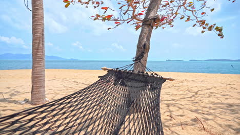 Hammock-net-in-shade-between-trees-on-empty-sandy-tropical-beach,-close-up-full-frame
