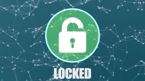 Clever-motion-graphic-element-of-a-circular-system-security-logo-with-padlock,-being-hacked-and-unlocked,-turning-from-red-to-green,-with-locked-unlocked-text,-on-a-plexus-style-background