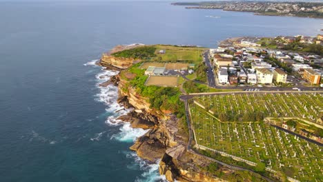 Aerial-View-Of-Waverly-Cemetery-And-Burrows-Park-Sportsfield-At-Bronte,-New-South-Wales,-Australia