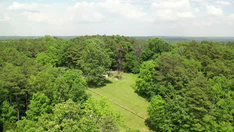 Viewing-tower-of-forestry-landscape-in-aerial-fly-away-view