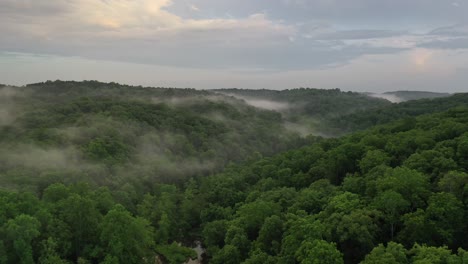 Winding-river-in-dense-forest-with-rising-fog,-aerial-landscape-view
