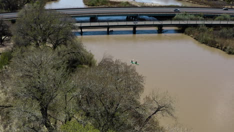 Kayakers-on-Rio-Grande-River-in-Outdoors-of-Albuquerque,-New-Mexico---Aerial