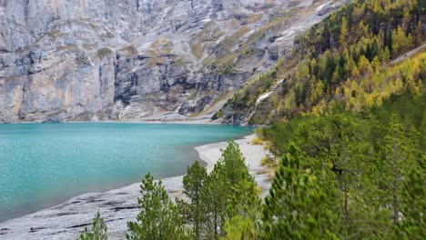 Aerial-view-of-Mountains-and-fall-forest-at-Turquoise-glacier-lake-Oeschinensee