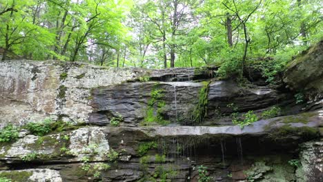 Rocky-cliff-tiny-waterfall-in-dense-green-forest,-dolly-backward