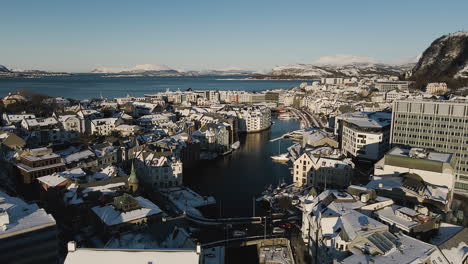 Aerial-View-Of-The-Norwegian-City-Of-Alesund-In-Norway---drone-shot