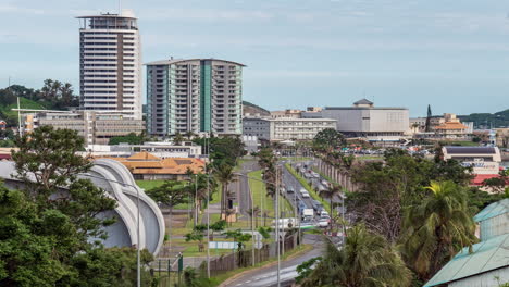 Time-lapse-of-traffic-at-the-entrance-of-the-Noumea-city,-in-sunny-New-Caledonia