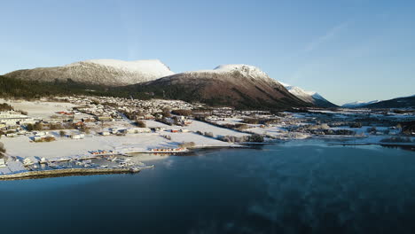 Aerial-View-Of-Elnesvagen-Town-Near-Molde,-Norway---drone-shot