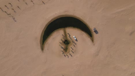 Top-view-of-the-Moon-Lake-in-Dubai,-Moon-Shape-Lake-is-in-the-middle-of-Al-Qudra-desert,-surrounded-by-golden-sand-dunes-in-the-United-Arab-Emirates