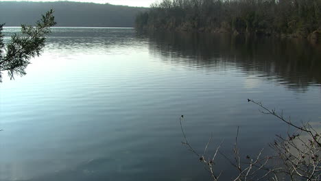Lake-with-wooded-shoreline-and-gentle-surface-ripples-moving-in-slow-motion