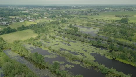 Aerial-drone-view-of-the-watery-flat-typical-of-the-Netherlands-landscape