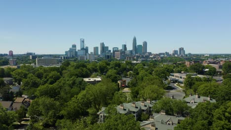 Aerial-Hyperlapse-Above-Green-Tree-Tops-with-Charlotte-Skyline-in-Background