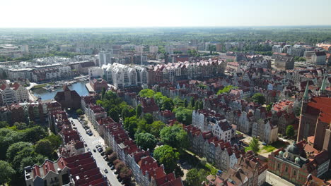 Dramatic-aerial-view-over-the-historic-gothic-Old-Town-of-Gdansk-Poland