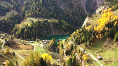 Vista-Otoñal-Del-Bosque-De-Alerces-En-Suiza,-Con-Un-Lago-Turquesa,-Montañas-En-El-Fondo