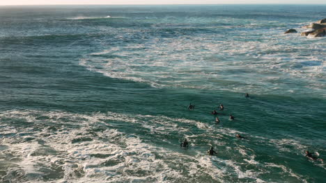 Aerial-of-surfers-sitting-on-their-surfboards-and-waiting-for-the-next-wave-in-Llandudno,-Cape-Town