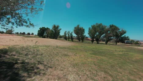 Dangerously-high-speed-flight-at-low-altitude-with-a-first-person-view-between-trees-in-a-park