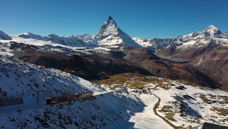 Matterhorn-Mountain-and-Gornergrat-Train-in-Winter-at-Sunset