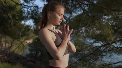 Junge-Frau,-Die-Stehende-Yogahaltung-Durchführt,-Friedlicher-Sonnenaufgangmorgen-Zen-Fluss