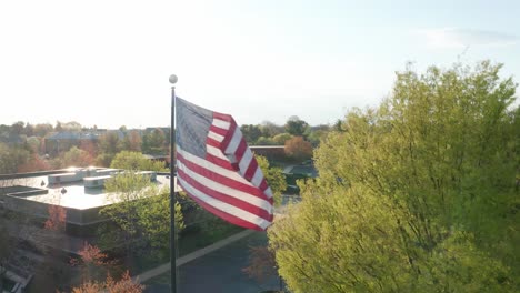 Aerial-of-American-flag-in-business-park-setting-in-USA