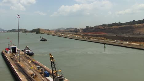 Exiting-the-Pedro-Miguel-Locks-chamber,-Panama-Canal