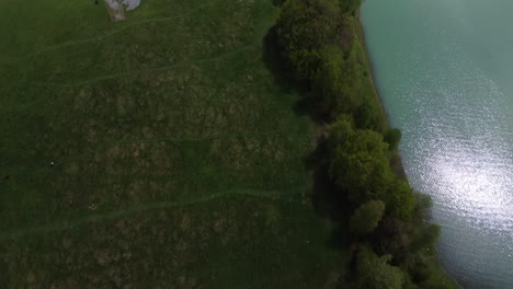 Drone-Shot-With-Green-Field-And-Turquoise-Water