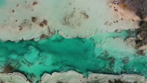 People-swimming-in-tropical-river,-Rapids-of-Bacalar-Mexico,-4K-aerial-top-down