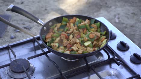 Tofu-Pfannengerichte-Brutzelnd-Camping-Kochen-Lebensmittel-Gemüse-Gesunde-Mahlzeit
