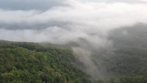 Vista-Aérea,-Bosques-Tropicales-Y-Nubes-Blancas-Visibles-Que-Cubren-Los-Bosques-En-Indonesia